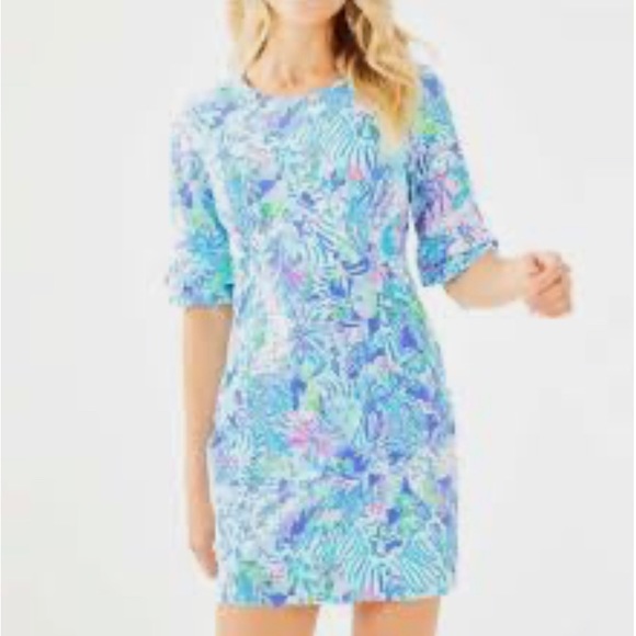 Lilly Pulitzer Fiesta Stretch Dress Coastal Blue Lion turquoise white pink - Picture 3 of 15